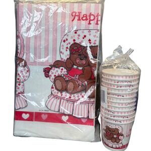 NOS‎ VTG Happy Valentines Bear Hearts Pink Red Table Cover 7 oz Cups CA Reed 90s